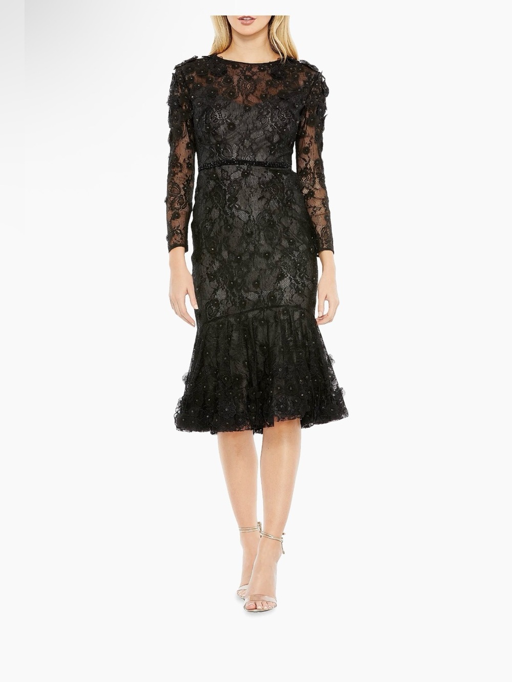 MAC DUGGAL - #67703 Black Floral Appliqué Long Sleeve Cocktail Dress -Size 10